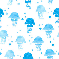 Seamless blue watercolor jellyfish pattern. Vector sea illustration.