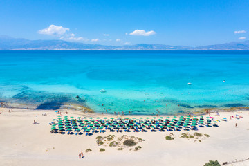 Aerial view of the exotic Chryssi island at the south of Crete, with the amazing Golden Beach, Greece