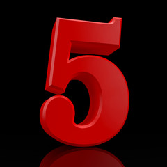 Number 5 red color collection on black background illustration 3D rendering