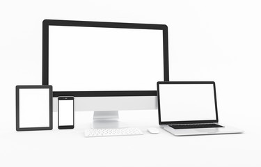 Blank Computer, laptop, tablet, smartphone,  keyboard, mouse on white background, Mock up, illustration 3D rendering