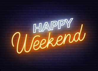 Happy weekend neon sign. Greeting card on dark background. Vector illustration. - obrazy, fototapety, plakaty