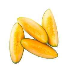 heap of slices of cantaloupe isolated on white background. top view