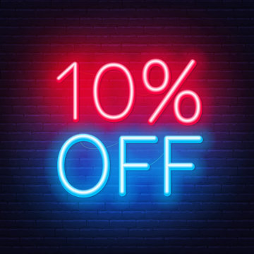 10 percent off neon lettering on brick wall background. Vector illustration