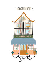 Fototapeta premium Collection of cute house, shop, store, cafe and restaurant isolated on white background. Motivational quote lettering. Flat vector illustration in trendy scandinavian style. Hand drawn. European city