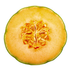 half of cantaloupe isolated on white background. front view