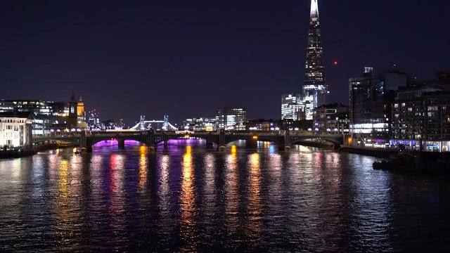 London Thames River Skyline at Night With Tower Bridge and Shard in Distance