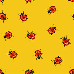 Vector ladybug seamless pattern. Red ladybird cartoon symbols on yellow background. Cute dotted lady bug summer illustration.