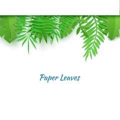 Horizontal top border of summer tropical leaves in paper cut style. Craft jungle plants collection on white background. Creative vector card illustration in paper cutting art style.