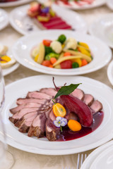 Food Table Celebration Delicious Party Meal Concept. A lot of food. Served for wedding, anniversary, other holiday. Banquet dishes in the restaurant