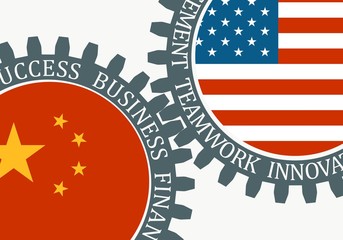 Partnership concept. USA and China association. Gears textured by flag. Business relative words on the mechanism of gears. Communication concept in industrial design.