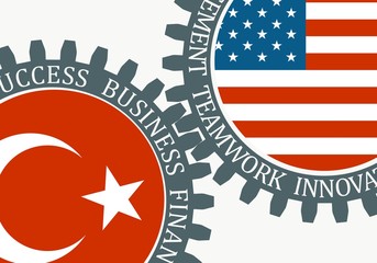 Partnership concept. USA and Turkey association. Gears textured by flag. Business relative words on the mechanism of gears. Communication concept in industrial design.