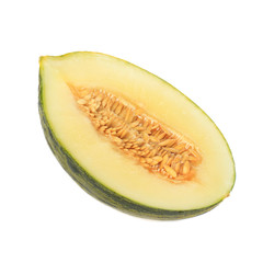 half of fresh piel de sapo (SANTA CLAUS) melon isoalted on white background. front view
