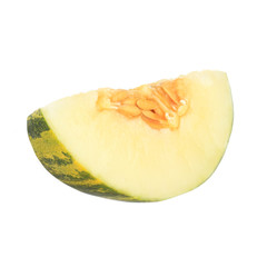 slice of fresh piel de sapo (SANTA CLAUS) melon isoalted on white background