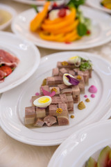 Food Table Celebration Delicious Party Meal Concept. A lot of food. Served for wedding, anniversary, other holiday. Banquet dishes in the restaurant