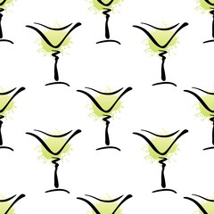 Vector seamless pattern with hand drawn glass of Margarita cocktail on white background. Cute background with summer cocktails Margarita or Dry Martini for print, textile, bar, design. 