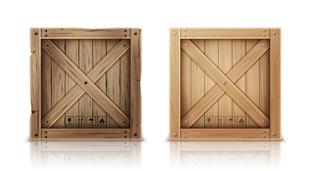 Wooden box closed by metal nails realistic vector illustration. New and aged wooden crate or cargo box for storage, transportation and delivery with postal symbols, isolated on white background