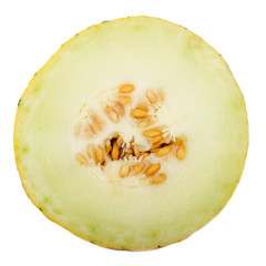 half of fresh green melon isolated on white background. front view