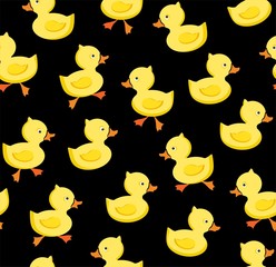 Ducklings, seamless pattern, color, black, vector. Yellow cheerful ducklings. Color, flat picture. 