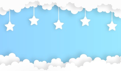 sky with star cloud shape landscape background,vector,illustration,paper art style,copy space for text