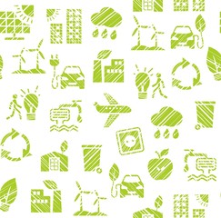 Eco-friendly technology, seamless pattern, pencil hatching, monochrome, white, green, vector. Clean energy, fuel and food production. Future technology. Imitation of pencil hatching.  