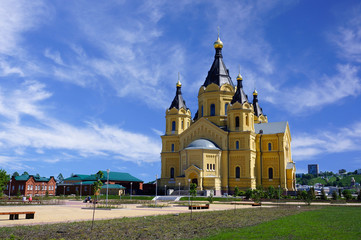 Nizhny Novgorod, Russia - May 26, 2018. Alexander Nevsky Cathedral. View of the cathedral and the new landscaped area in front of him. Built in 1868-1881. Architect Lev Vladimirovich Dal.