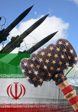 USA Sanction Against Iran. Judge Gavel With American Flag, Military Rockets, Wall With Barbwire And Iranian National Flag