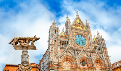 Siena Cathedral (Duomo di Siena) medieval church in Siena, Italy, now dedicated to the Assumption of Mary. Capitoline Wolf at Siena Duomo. Siena was founded by Senius and Aschius, two sons of Remus. - obrazy, fototapety, plakaty