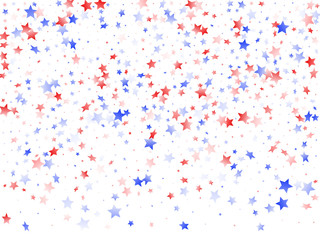 Flying red blue white star sparkles on white vector american patriotic background.