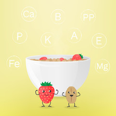 Vector illustration with bowl of oatmeal, smiling cartoon characters and names of vitamins and minerals. Template for banner, article about health, card or flyer, promotion or for design packaging.