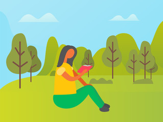 Obraz na płótnie Canvas Girl reading book in park, woman in casual clothes sitting on grass. Cloudy sky and green trees, flat design style, relaxation or studying outdoor vector