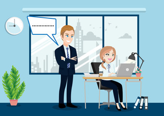 Business people group, boss and staff or workers in office background vector illustration in cartoon character style.