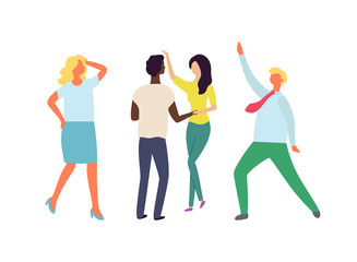 Man and woman dancing in pair, people moving together, holding each other, female rising hands, character on dance floor, full length view of dancer vector