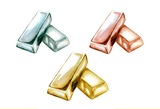 illustration of watercolor set of ingots of yellow, white and rose gold
