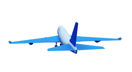 Passenger airplane flying among cumulus clouds high in the sky against shining sun at daytime. 3D illustration was done from my own 3D render