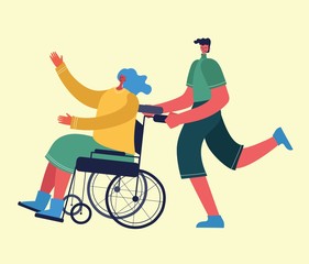 Disabled woman with friend, young invalid person on the wheel chair vector illustration in the flat style