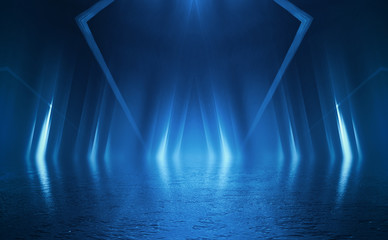 Empty background scene. Dark street reflection on wet asphalt. Rays of neon light in the dark, neon figures, smoke. Background of empty stage show. Abstract dark background.