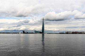 St. Petersburg, Russia, June 2019. Beautiful view of the high-rise building of Lakhta Center on the coast of the Gulf of Finland. 