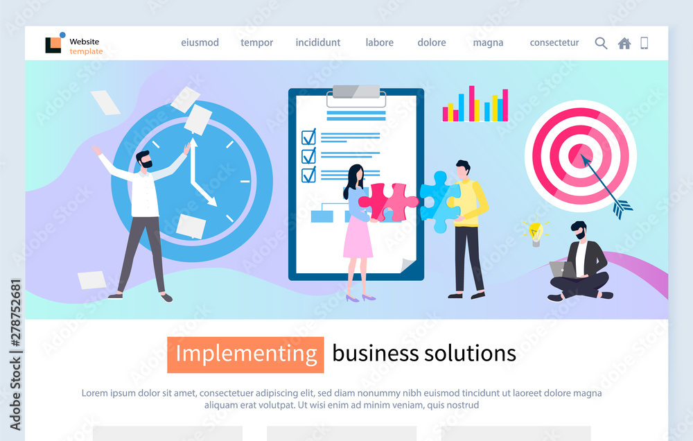 Poster implementing business solution vector, boss with time clock looking for deadline, target and aim, fr