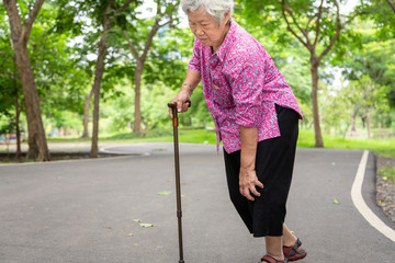 Asian senior woman arthritis,osteoarthritis,elderly people walking with walker in outdoor...
