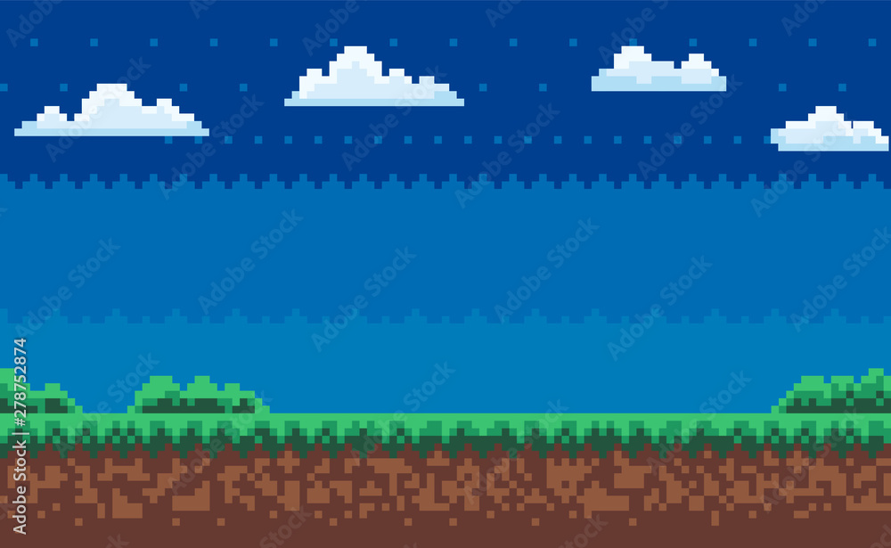 Fototapete nobody interface of pixel game platform, evening and sunset view, cloudy sky and green grass with bu