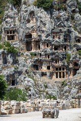 Archeological remains of the Lycian rock cut tombs in Myra, Turkey