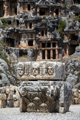 Archeological remains of the Lycian rock cut tombs in Myra, Turkey