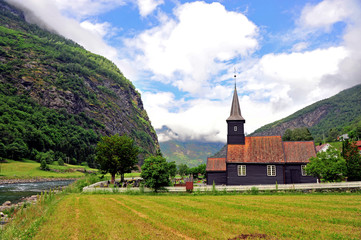 Fototapeta na wymiar Beautiful wooden church in mountains, Flam