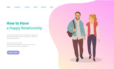 How to have happy relationships, couple walking together in pairs, cartoon characters. Vector guy and blonde girl, dating man and woman on walk. Website or webpage template, landing page flat style