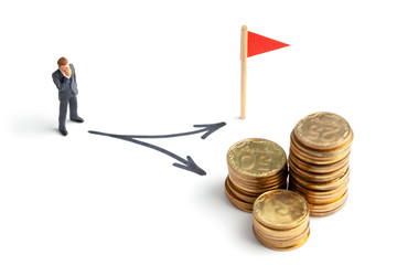 Businessman chooses the right path to the goal. Different ways to achieve a goal or a lot of money,...