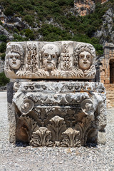 Archeological remains of the Lycian rock cut tombs in Myra, Turkey