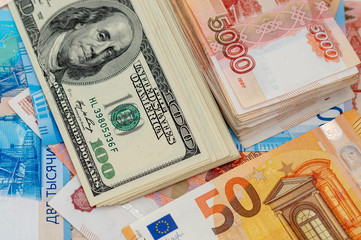 cash USA of the Russian Federation and the European Union, rubles dollars and euros. Close up.