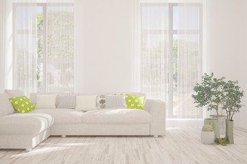 Stylish room in white color with sofa. Scandinavian interior design. 3D illustration