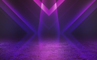 Empty background scene. Dark street reflection on wet asphalt. Rays of neon light in the dark, neon...