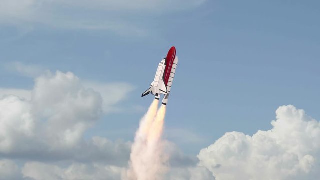 Space shuttle flying into space, sky with clouds in background. Rocket engines blow large clouds of smoke and fire. Flying carrier rocket. Animated flighting spacecraft spaceshuttle, white red fuel ta